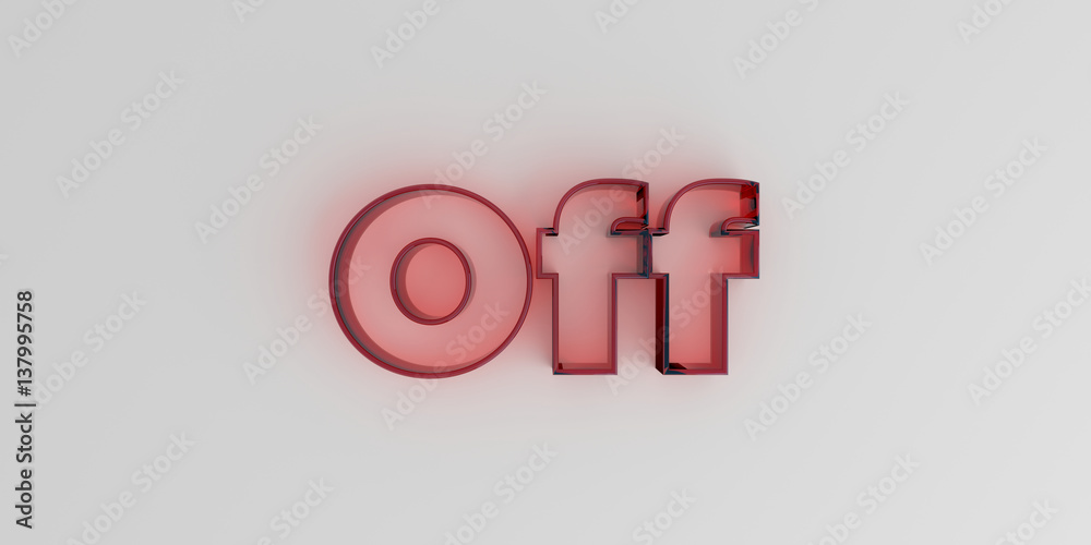 Off - Red glass text on white background - 3D rendered royalty free stock image.