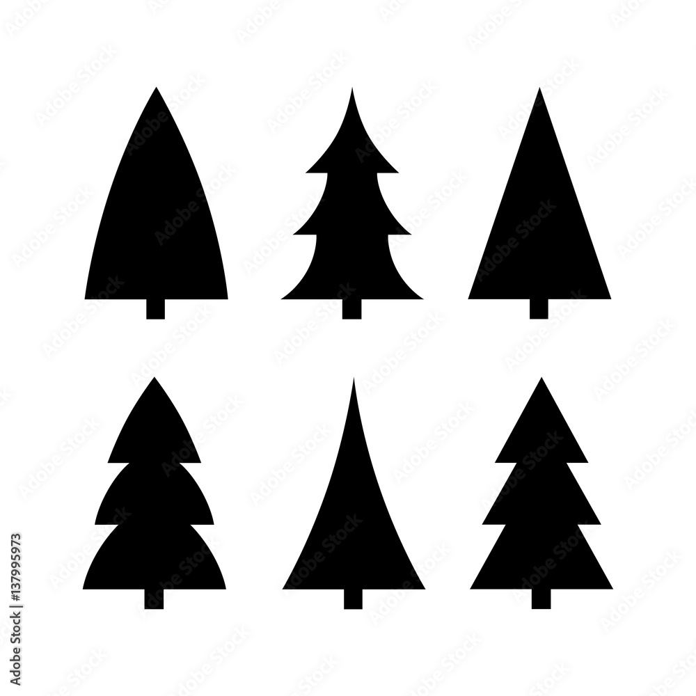 black christmas tree icon silhouette set vector
