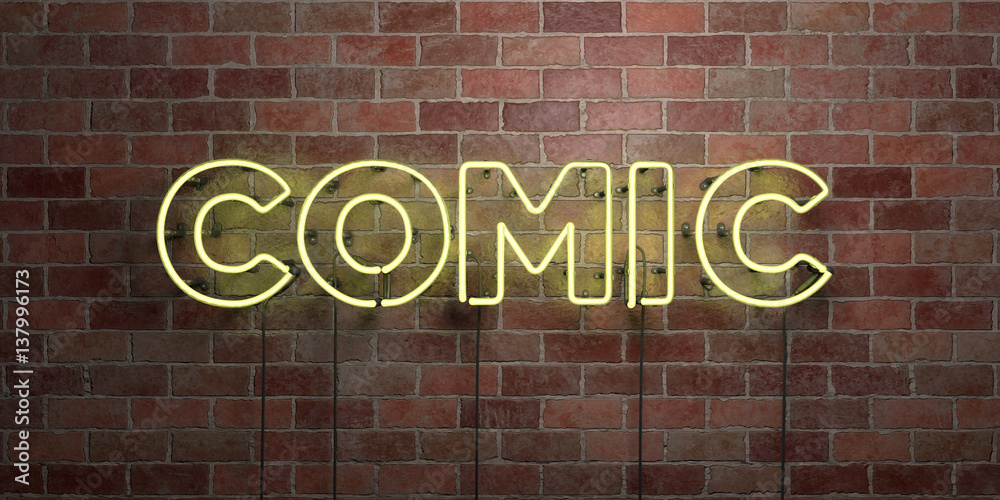 Obraz premium COMIC - fluorescent Neon tube Sign on brickwork - Front view - 3D rendered royalty free stock picture. Can be used for online banner ads and direct mailers..