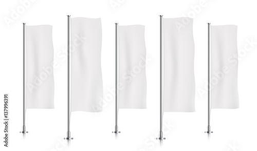 Five white vertical banner flags, standing in a row. Banner flag templates isolated on background. Vertical flags realistic mockup.