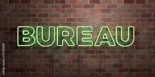 BUREAU - fluorescent Neon tube Sign on brickwork - Front view - 3D rendered royalty free stock picture. Can be used for online banner ads and direct mailers..