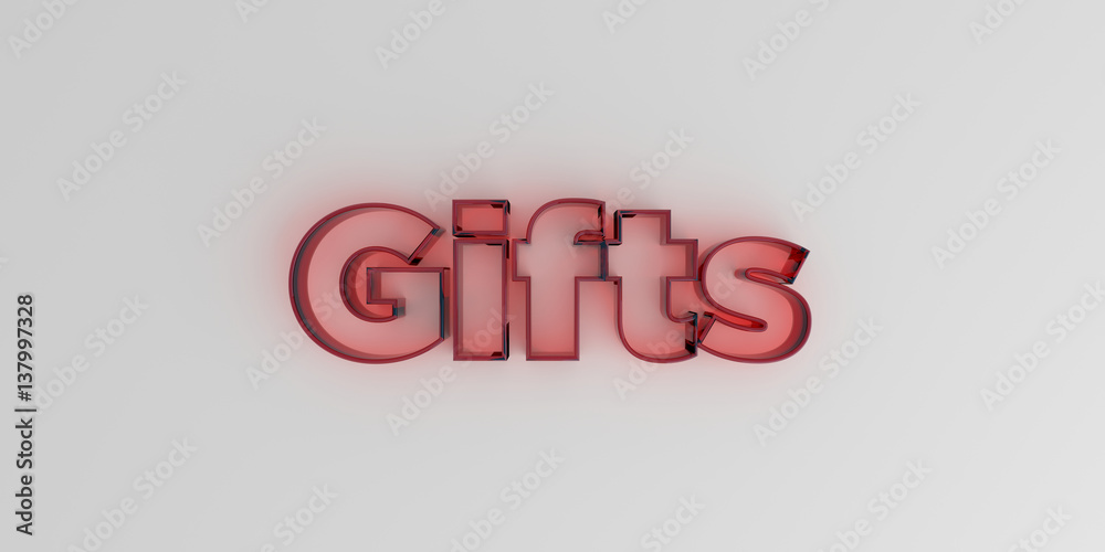 Gifts - Red glass text on white background - 3D rendered royalty free stock image. Gifts - Red glass text on white background - 3D rendered royalty free stock image.