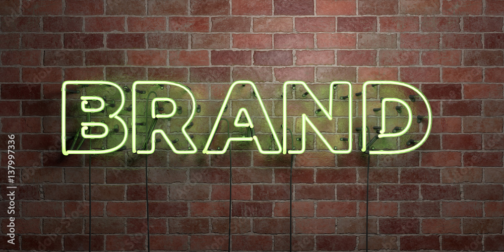 BRAND - fluorescent Neon tube Sign on brickwork - Front view - 3D rendered royalty free stock picture. Can be used for online banner ads and direct mailers.. - obrazy, fototapety, plakaty 
