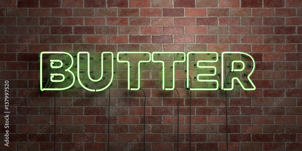 Obraz premium BUTTER - fluorescent Neon tube Sign on brickwork - Front view - 3D rendered royalty free stock picture. Can be used for online banner ads and direct mailers..