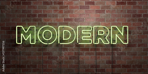 MODERN - fluorescent Neon tube Sign on brickwork - Front view - 3D rendered royalty free stock picture. Can be used for online banner ads and direct mailers..