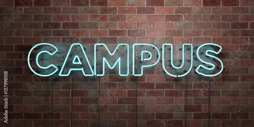 CAMPUS - fluorescent Neon tube Sign on brickwork - Front view - 3D rendered royalty free stock picture. Can be used for online banner ads and direct mailers..