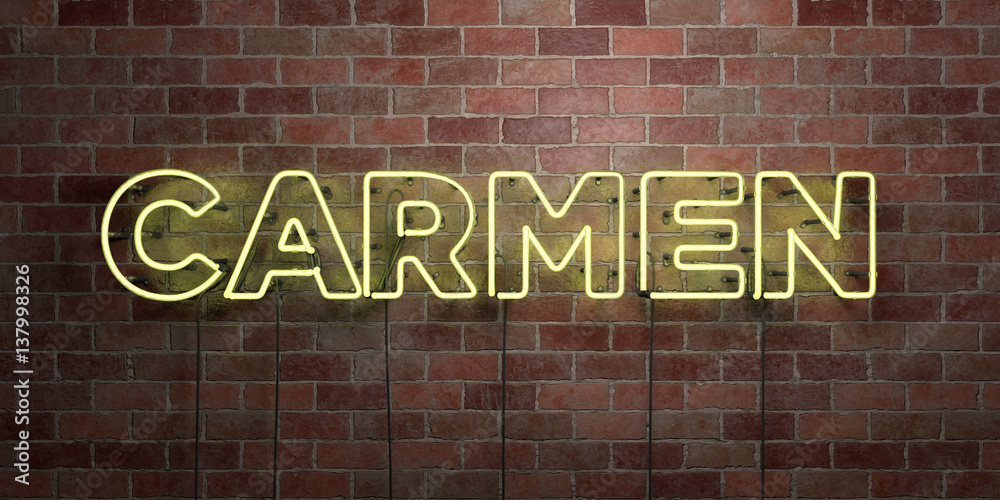 Obraz premium CARMEN - fluorescent Neon tube Sign on brickwork - Front view - 3D rendered royalty free stock picture. Can be used for online banner ads and direct mailers..