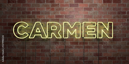 CARMEN - fluorescent Neon tube Sign on brickwork - Front view - 3D rendered royalty free stock picture. Can be used for online banner ads and direct mailers.. photo