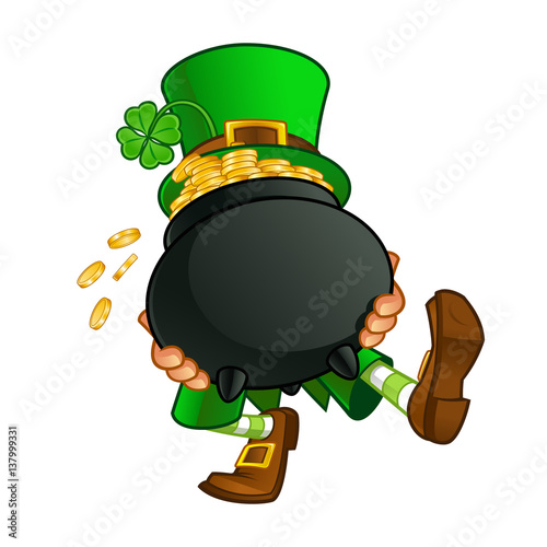 Drawing of a leprechaun, he is carrying a pot with gold coins