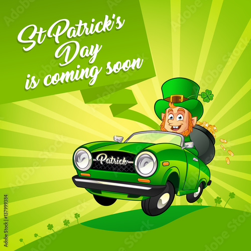 Drawing of a Leprechaun driving a car