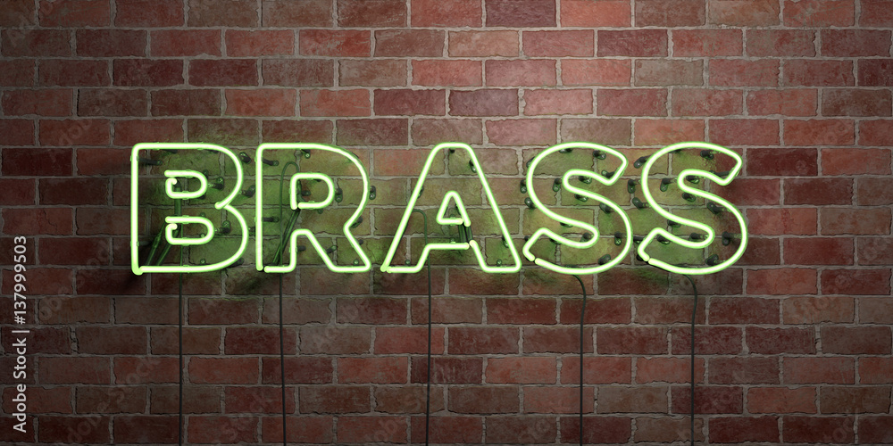 Obraz premium BRASS - fluorescent Neon tube Sign on brickwork - Front view - 3D rendered royalty free stock picture. Can be used for online banner ads and direct mailers..