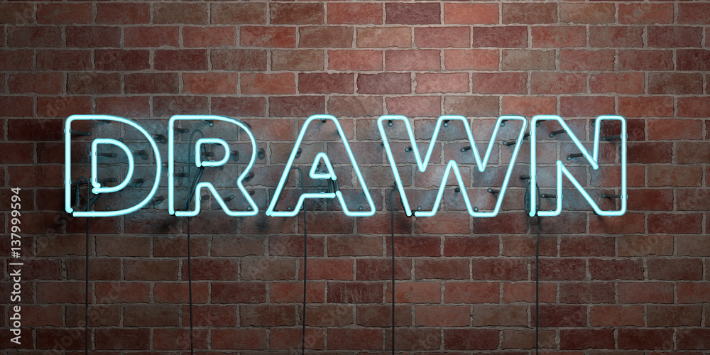 DRAWN - fluorescent Neon tube Sign on brickwork - Front view - 3D rendered royalty free stock picture. Can be used for online banner ads and direct mailers.. DRAWN - fluorescent Neon tube Sign on brickwork - Front view - 3D rendered royalty free stock picture. Can be used for online banner ads and direct mailers..
