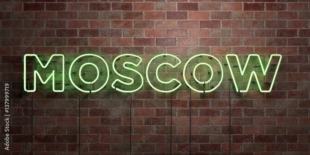 Obraz premium MOSCOW - fluorescent Neon tube Sign on brickwork - Front view - 3D rendered royalty free stock picture. Can be used for online banner ads and direct mailers..