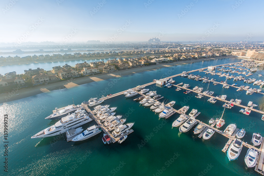 Aerial view of Dubai Palm Island. Villas and yachts landscape.