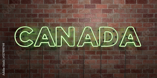 CANADA - fluorescent Neon tube Sign on brickwork - Front view - 3D rendered royalty free stock picture. Can be used for online banner ads and direct mailers..