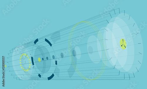 Abstract horizontal composition on blue background. Vague circular composition in isometric perspektive. Subtle vector background composed of circles and ellipses. High-tech transparent mechanic gears