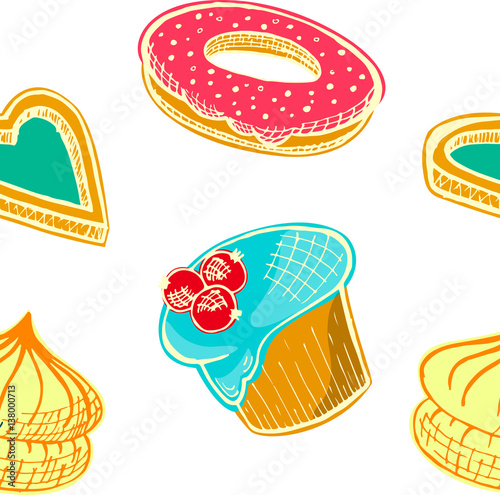 Sweets colorful seamless pattern. Cakes, cookies, donuts. Food set. Sketch. Bakery Bright background