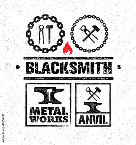 Set of vintage blacksmith labels, badges, emblems and design elements. Vector Rough illustration.