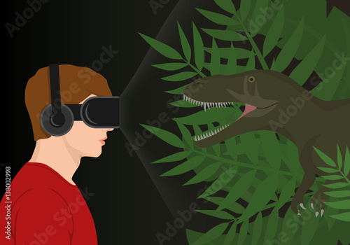 A man wearing virtual reality (or VR) glasses and dinosaur