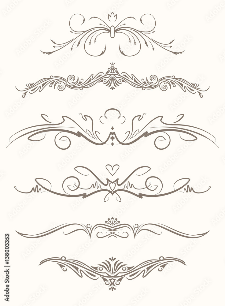 Set of six decorative vintage vector page elements, text dividers.