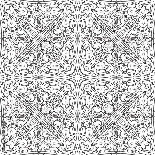 Seamless Square Abstract Tribal Black-White Pattern In Mono Line Style. Hand Drawn Ethnic Texture. Can be used as anti stress therapy for coloring or coloring-book.