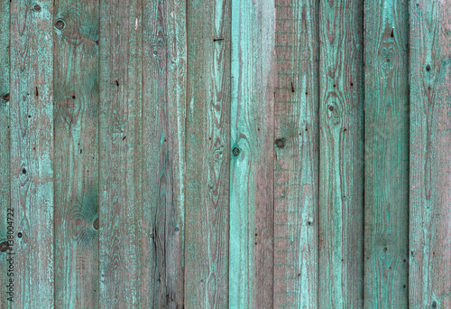 Several of the old board with peeling green paint. Fragment of the fence
