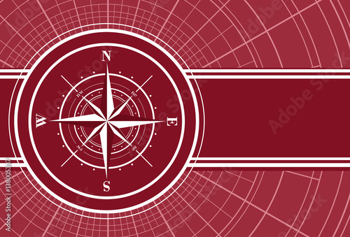 Red abstract travel background with compass rose. Vector illustration.
