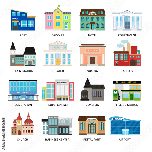 City buildings flat icons on white