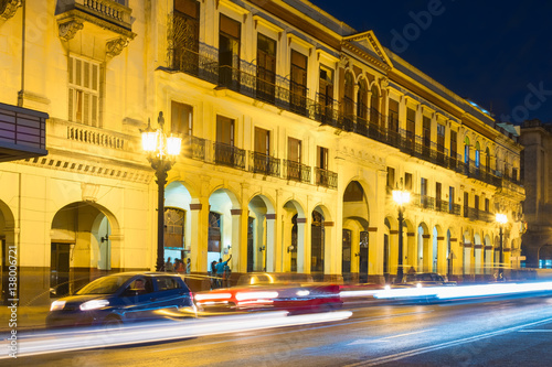 Street scene in Old Havana illuminated at night