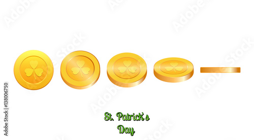 Gold coins with clover. Saint Patrick`s Day vector coins.