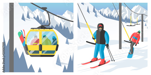 Snowboarder sitting in ski gondola and lift elevators winter sport resort snowboard people rest lifting jump vector illustration mountain