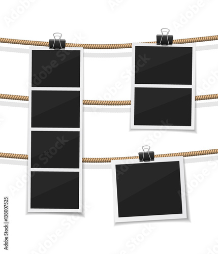 vector photobooth and photo hanged on a rope. Instant retro photos on a thread. Remember the moment