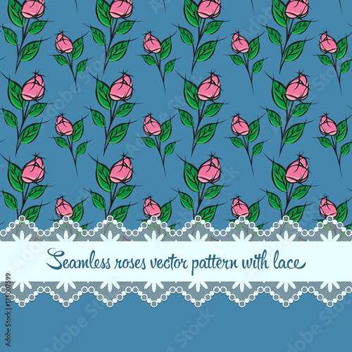 Seamless roses pattern with lace blue background
