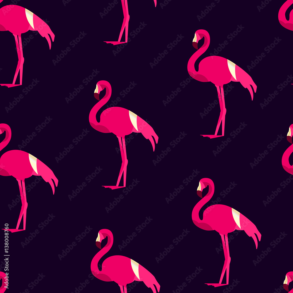 Obraz premium Seamless pattern with flamingo on dark background. Ornament for textile and wrapping. Vector .