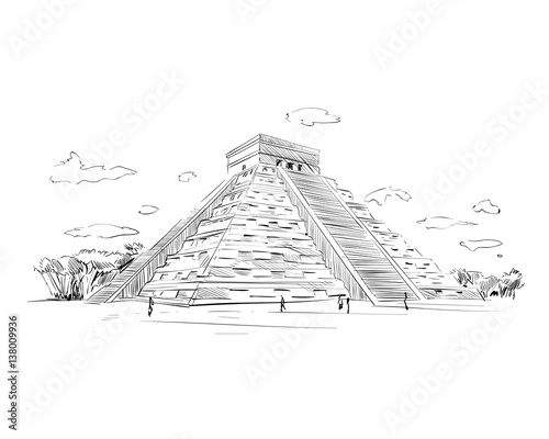 Mexico. Chichen Itza.Kukulkan. Hand drawn vector illustration.