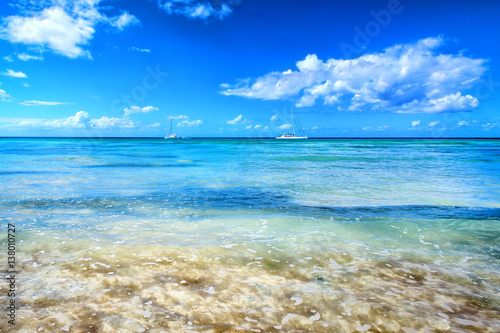 Caribbean sea. Tropical, exotic water landscape with yachts on horizon. Topical paradise. Ocean nature. Saona Island. Domincan Republic