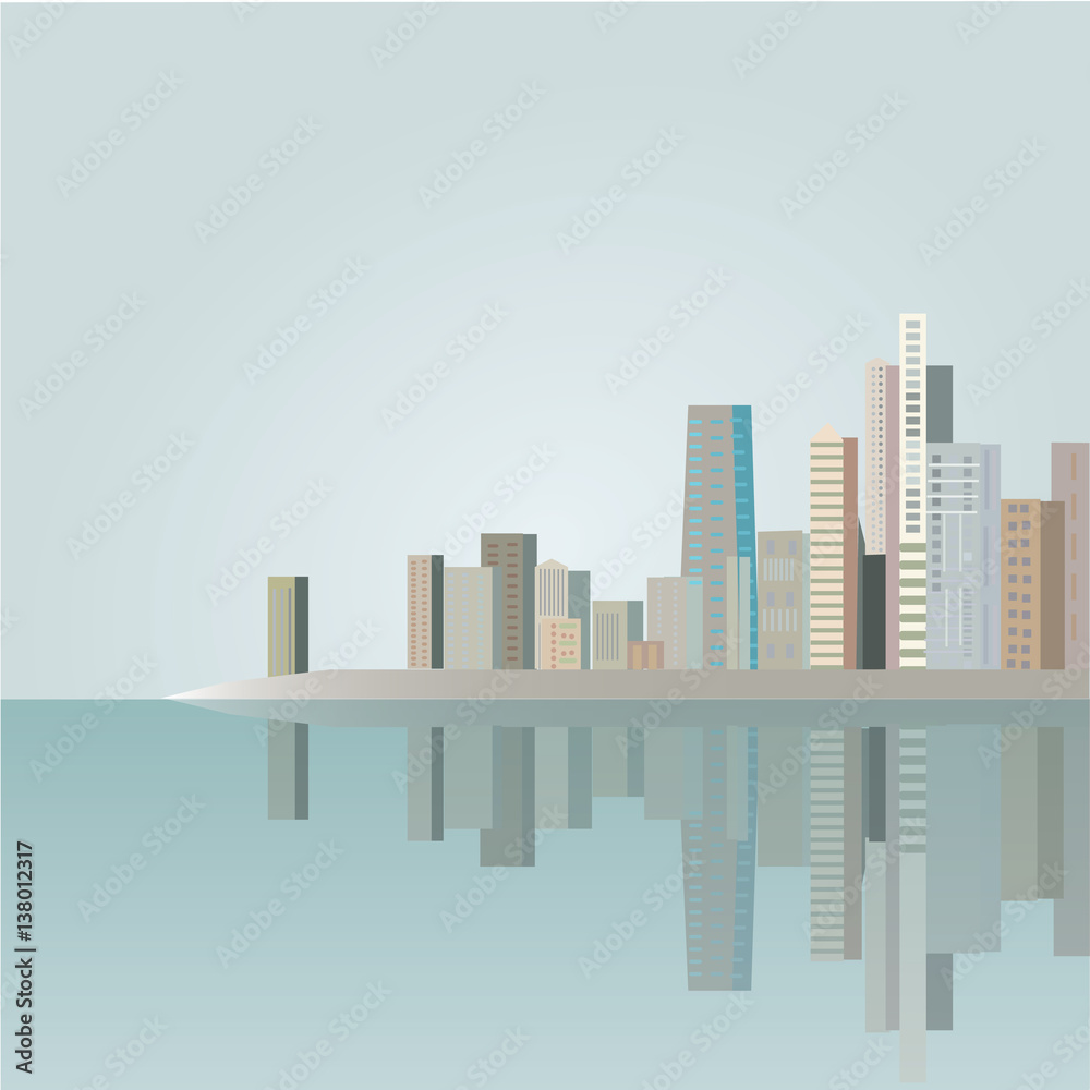 Vector illustration with skyscrapers in flat design.Can used for web banner, info graphic and brochure. Urban landscape pastel shades