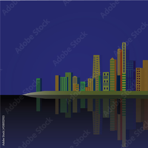 Vector illustration with skyscrapers in flat design.Can used for web banner  info graphic and brochure. Night urban landscape with reflection in the water
