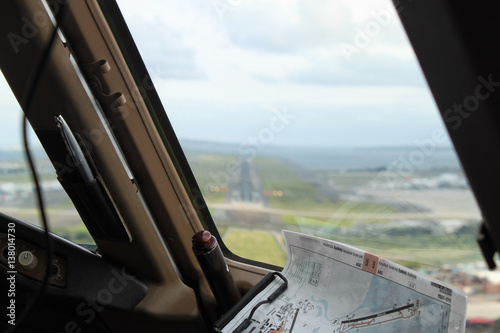 Photography View from a flight deck window on a runway, just before landing to Australia Syd
