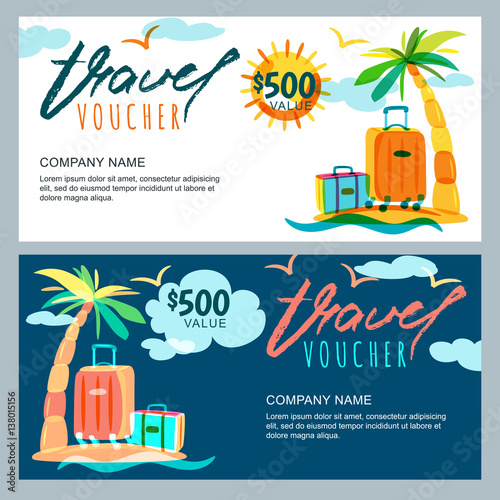 Vector gift travel voucher template. Tropical island landscape with palm tree and luggage suitcase. Concept for summer vacation and travel agency. Banner, shop coupon, certificate or flyer layout.