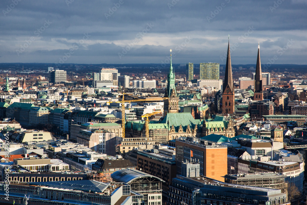 Hamburg (Germany) - Aerial urban skyline from the tower of saint Michaelis church in the Neustadt district in Hamburg