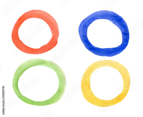 Four rings of different colors painted in watercolor
