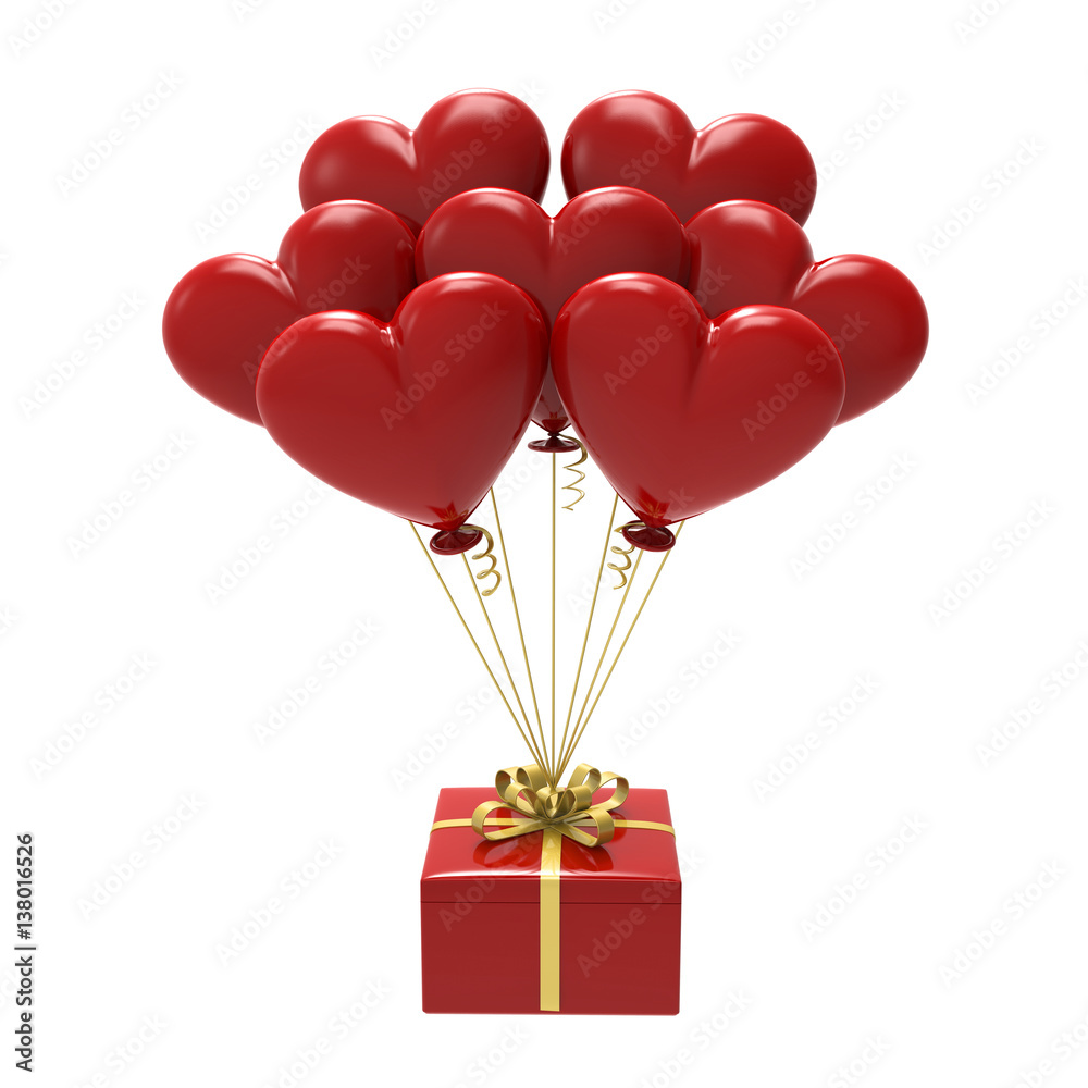 3D illustration red gift and hearts air balloons