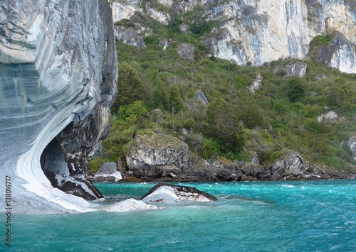 The stunning light blue waters and white marble cliffs near Puerto Rio Tranquilo in Chile.