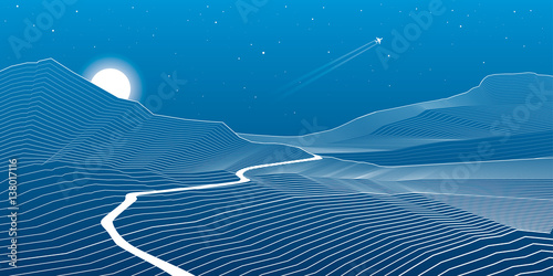 Road in the mountains, winding highway, rock landscape, white lines on blue background, vector design art