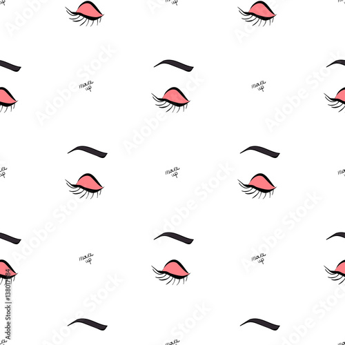 Women make up beauty fashion seamless pattern eyes, text, cosmetic. Contour vector illustration.