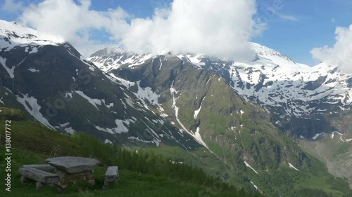 Panning view of Hohe Tauern peaks (including Grosses Wiesbachhorn) as seen at the Hochmais stop on the Grossglockner Hochalpenstrasse. photo