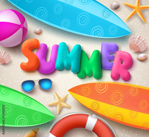 Summer holiday vector background in beach with colorful summer text, surfboards and elements in the sand for tropical season. Vector illustration.

