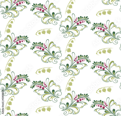   The illustration shows a beautiful seamless pattern with  decorative green leaves and red currant berries. Ornament placed on a white background, vector, using a clipping mask. © Verzh