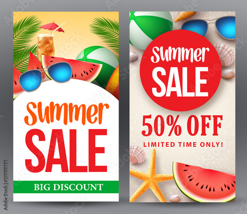 Summer sale vector banner set designs with 50% off discount for season shopping promotion with tropical background. Vector illustration.
